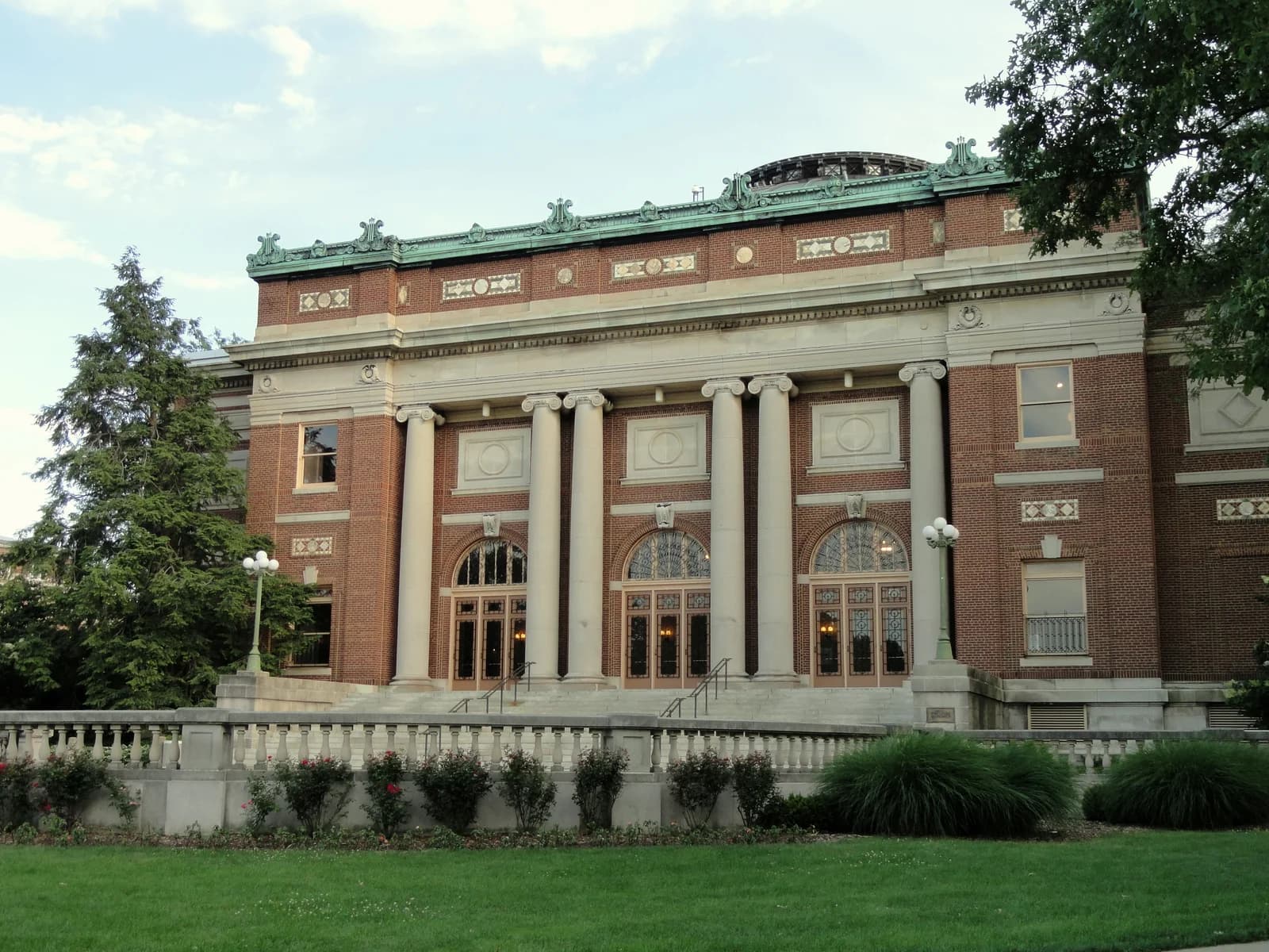 Foellinger Auditorium framed by trees at the University of Illinois Urbana-Champaign