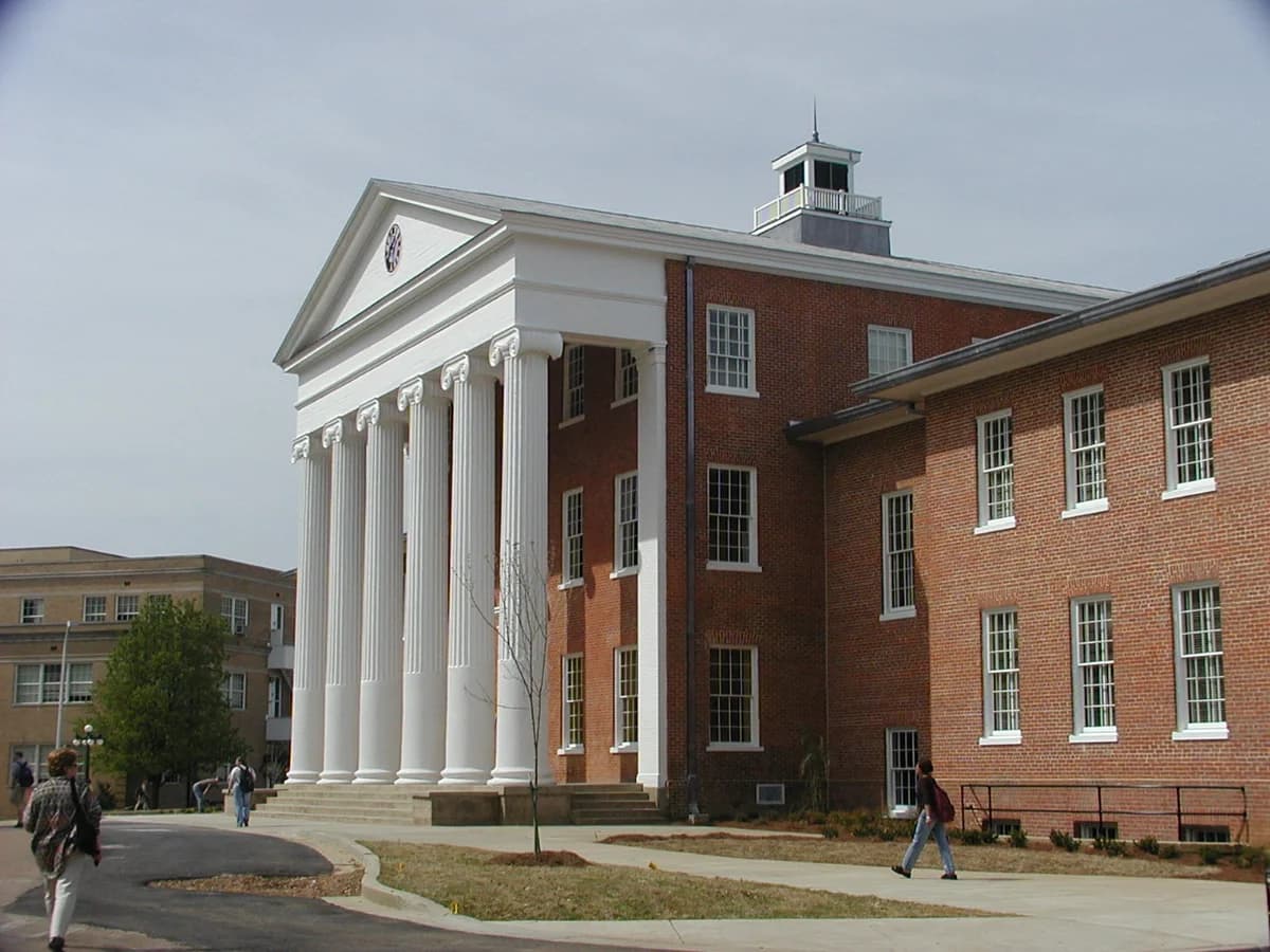 The columned front of the Lyceum at the University of Mississippi